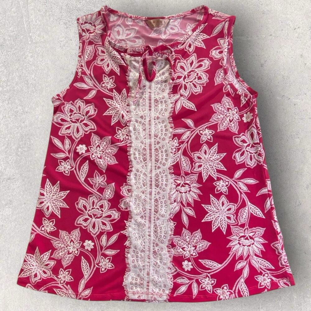 Amana Blouse Womens Medium Pink Sleeveless Top Textured  Floral White Lace